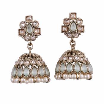 sky blue alloy jhumki with antique gold kundan stones 2