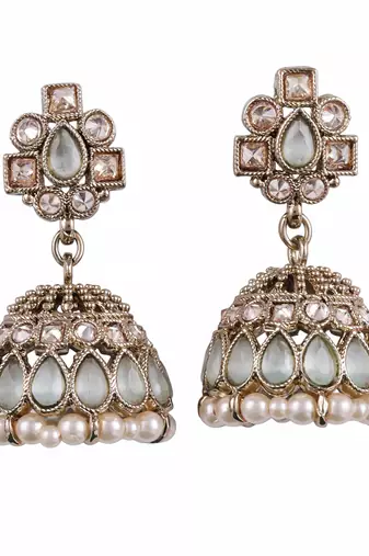 sky blue alloy jhumki with antique gold kundan stones