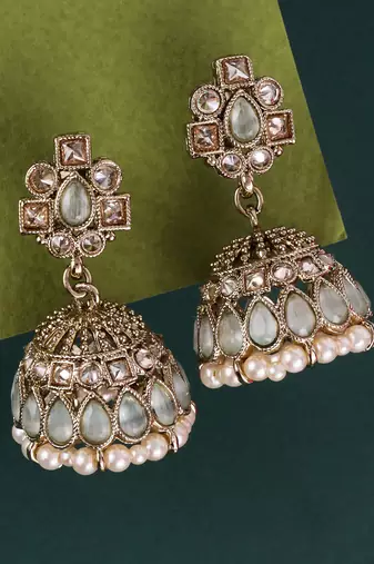 sky blue alloy jhumki with antique gold kundan stones