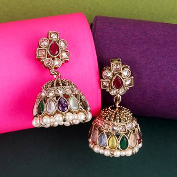 Desirable oval shape multi uncut kundan stone antique gold plated jhumki earring for women and girls 1