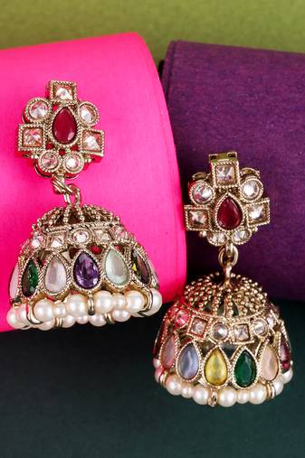 Desirable oval shape multi uncut kundan stone antique gold plated jhumki earring for women and girls