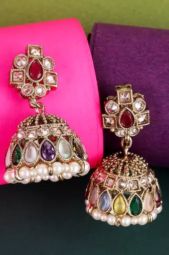 Desirable oval shape multi uncut kundan stone antique gold plated jhumki earring for women and girls