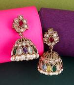 Desirable oval shape multi uncut kundan stone antique gold plated jhumki earring for women and girls