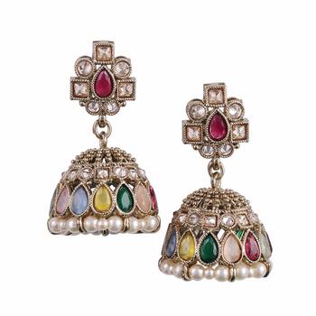Desirable oval shape multi uncut kundan stone antique gold plated jhumki earring for women and girls 2