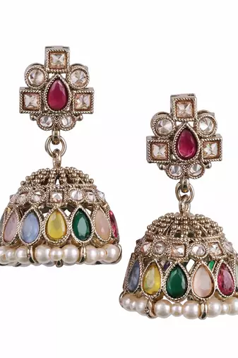 Desirable oval shape multi uncut kundan stone antique gold plated jhumki earring for women and girls