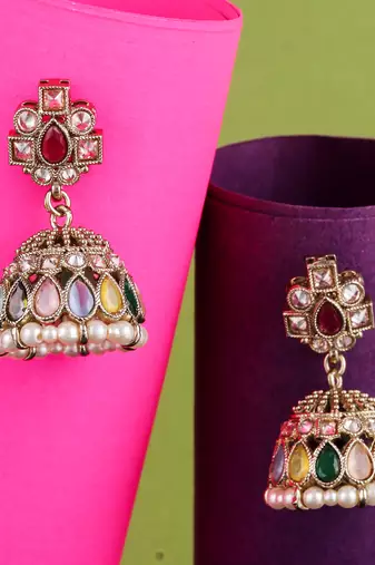 Desirable oval shape multi uncut kundan stone antique gold plated jhumki earring for women and girls