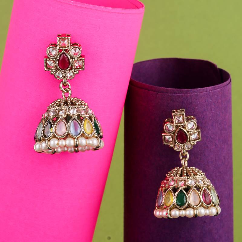 Desirable oval shape multi uncut kundan stone antique gold plated jhumki earring for women and girls