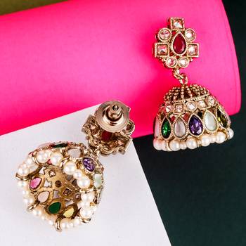 Desirable oval shape multi uncut kundan stone antique gold plated jhumki earring for women and girls 4
