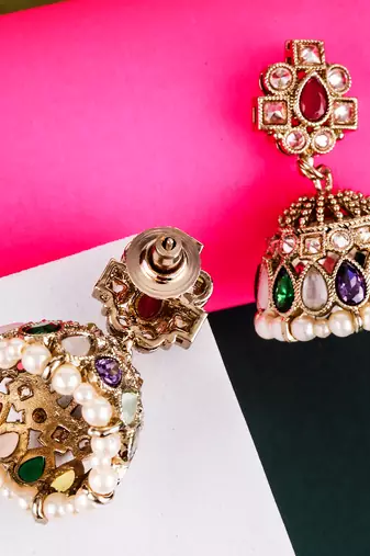 Desirable oval shape multi uncut kundan stone antique gold plated jhumki earring for women and girls