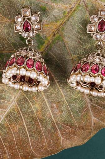 Elegant oval shape pink uncut kundan stone antique gold plated jhumki earring for women and girls