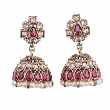 Elegant oval shape pink uncut kundan stone antique gold plated jhumki earring for women and girls 2