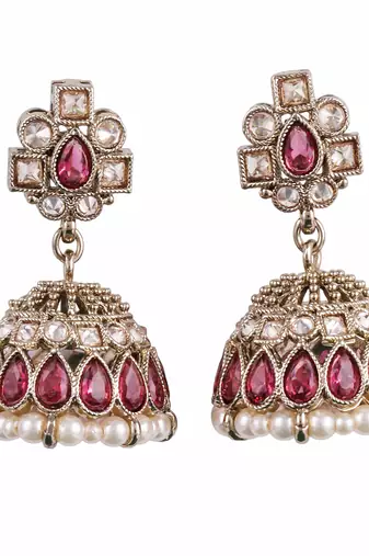 Elegant oval shape pink uncut kundan stone antique gold plated jhumki earring for women and girls