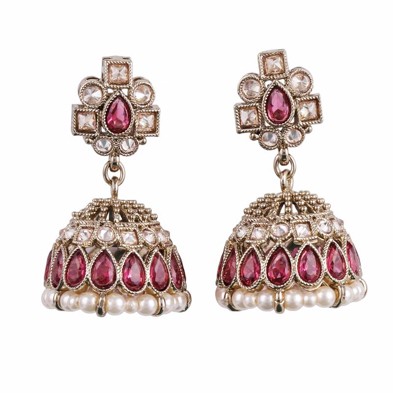 Elegant oval shape pink uncut kundan stone antique gold plated jhumki earring for women and girls