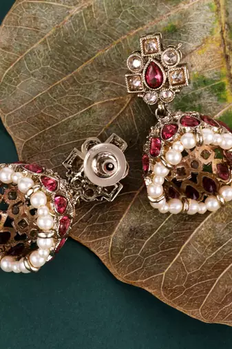 Elegant oval shape pink uncut kundan stone antique gold plated jhumki earring for women and girls