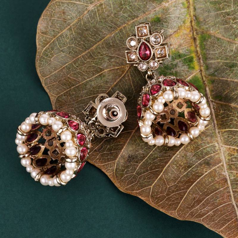 Elegant oval shape pink uncut kundan stone antique gold plated jhumki earring for women and girls