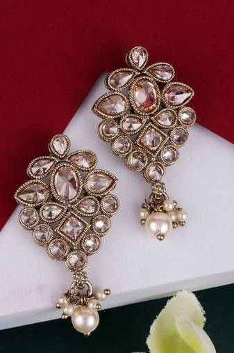 Flower design brown uncut kundan stone mother of pearl antique gold plated dangle earring for women