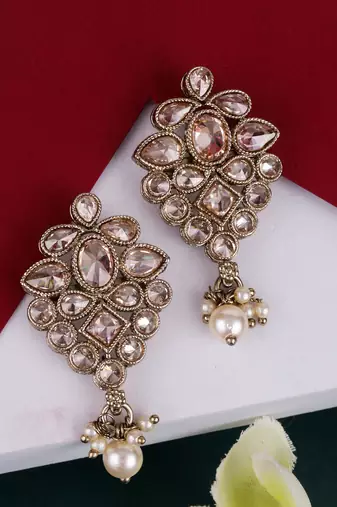 Flower design brown uncut kundan stone mother of pearl antique gold plated dangle earring for women