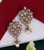 Flower design brown uncut kundan stone mother of pearl antique gold plated dangle earring for women