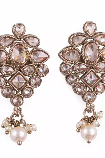 Flower design brown uncut kundan stone mother of pearl antique gold plated dangle earring for women