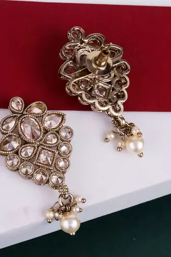 Flower design brown uncut kundan stone mother of pearl antique gold plated dangle earring for women