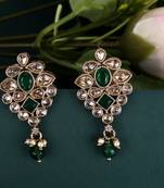 Flower design green uncut kundan stone mother of pearl antique gold plated dangle earring for women