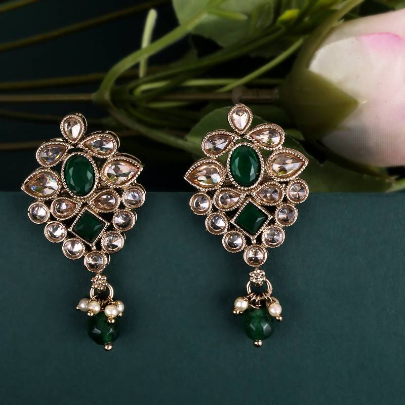 Flower design green uncut kundan stone mother of pearl antique gold plated dangle earring for women