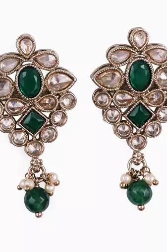 Flower design green uncut kundan stone mother of pearl antique gold plated dangle earring for women