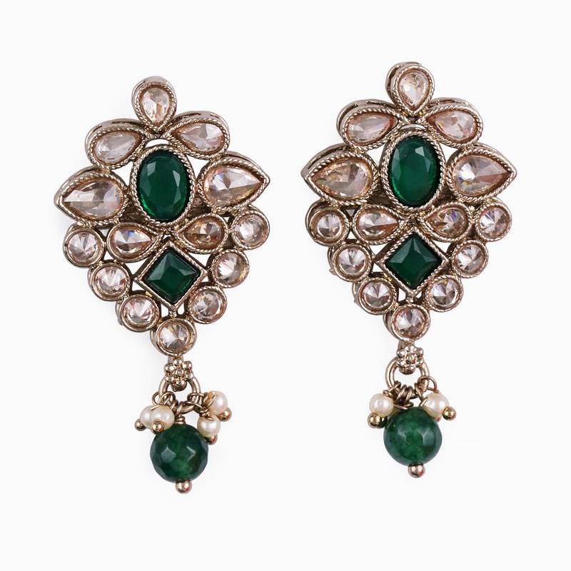 Flower design green uncut kundan stone mother of pearl antique gold plated dangle earring for women