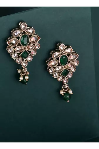 Flower design green uncut kundan stone mother of pearl antique gold plated dangle earring for women