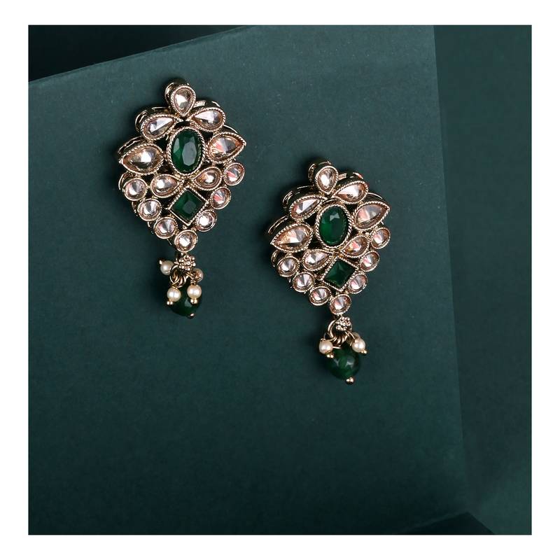 Flower design green uncut kundan stone mother of pearl antique gold plated dangle earring for women
