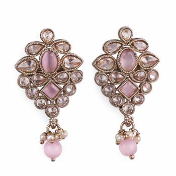 Flower design pink uncut kundan stone mother of pearl antique gold plated dangle earring for women 1