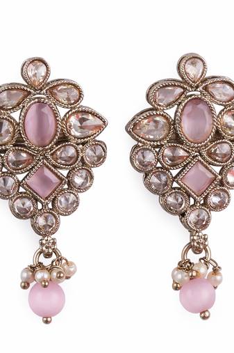 Flower design pink uncut kundan stone mother of pearl antique gold plated dangle earring for women