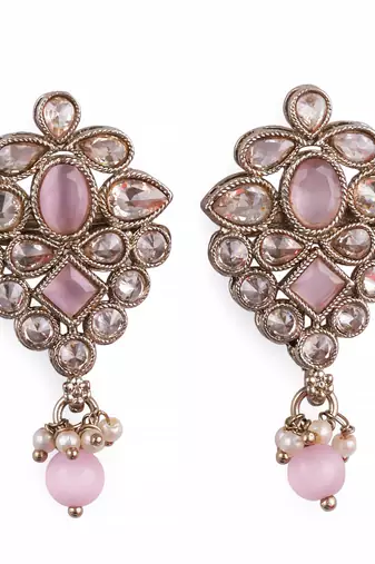 Flower design pink uncut kundan stone mother of pearl antique gold plated dangle earring for women