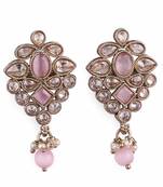 Flower design pink uncut kundan stone mother of pearl antique gold plated dangle earring for women