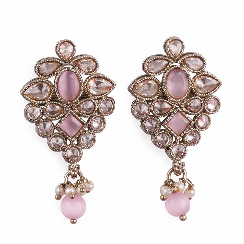 Flower design pink uncut kundan stone mother of pearl antique gold plated dangle earring for women