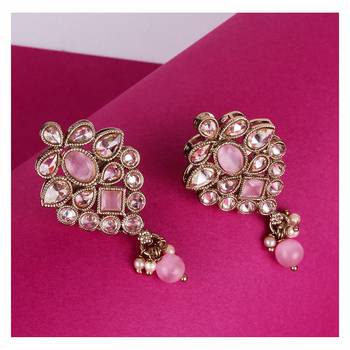 Flower design pink uncut kundan stone mother of pearl antique gold plated dangle earring for women 2