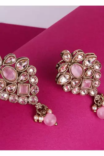 Flower design pink uncut kundan stone mother of pearl antique gold plated dangle earring for women
