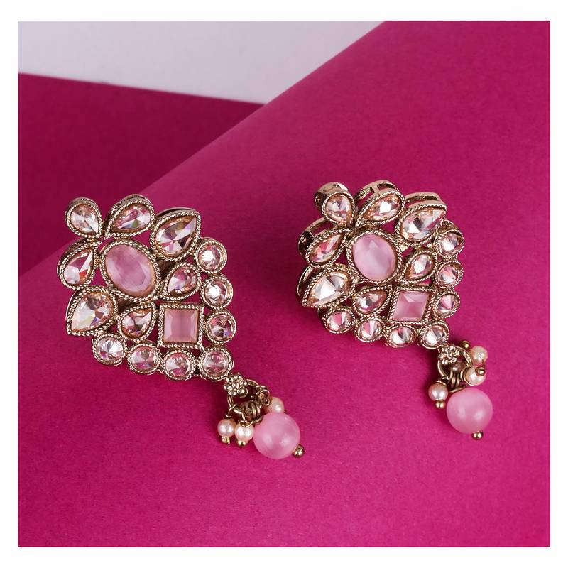 Flower design pink uncut kundan stone mother of pearl antique gold plated dangle earring for women