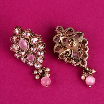 Flower design pink uncut kundan stone mother of pearl antique gold plated dangle earring for women 3