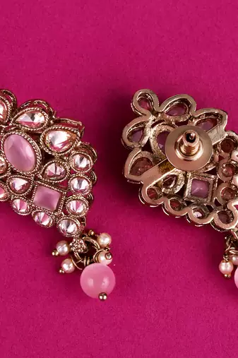 Flower design pink uncut kundan stone mother of pearl antique gold plated dangle earring for women