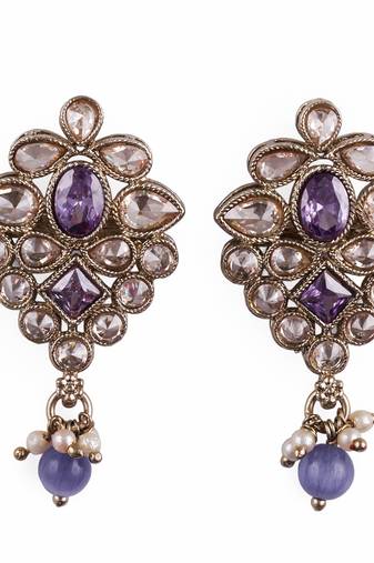 Flower design purple uncut kundan stone mother of pearl antique gold plated dangle earring for women