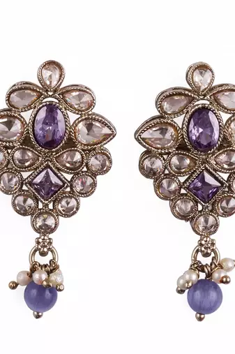 Flower design purple uncut kundan stone mother of pearl antique gold plated dangle earring for women
