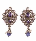 Flower design purple uncut kundan stone mother of pearl antique gold plated dangle earring for women