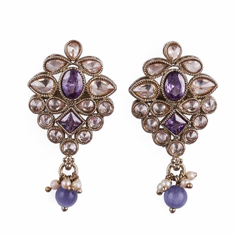Flower design purple uncut kundan stone mother of pearl antique gold plated dangle earring for women
