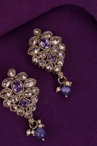 Flower design purple uncut kundan stone mother of pearl antique gold plated dangle earring for women
