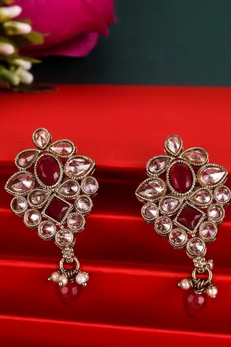 Flower design red uncut kundan stone mother of pearl antique gold plated dangle earring for women