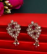 Flower design red uncut kundan stone mother of pearl antique gold plated dangle earring for women