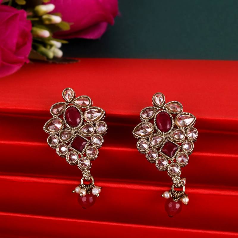 Flower design red uncut kundan stone mother of pearl antique gold plated dangle earring for women