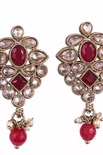 Flower design red uncut kundan stone mother of pearl antique gold plated dangle earring for women