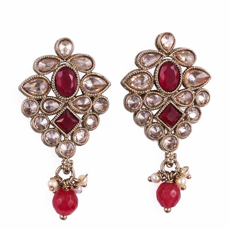 Flower design red uncut kundan stone mother of pearl antique gold plated dangle earring for women
